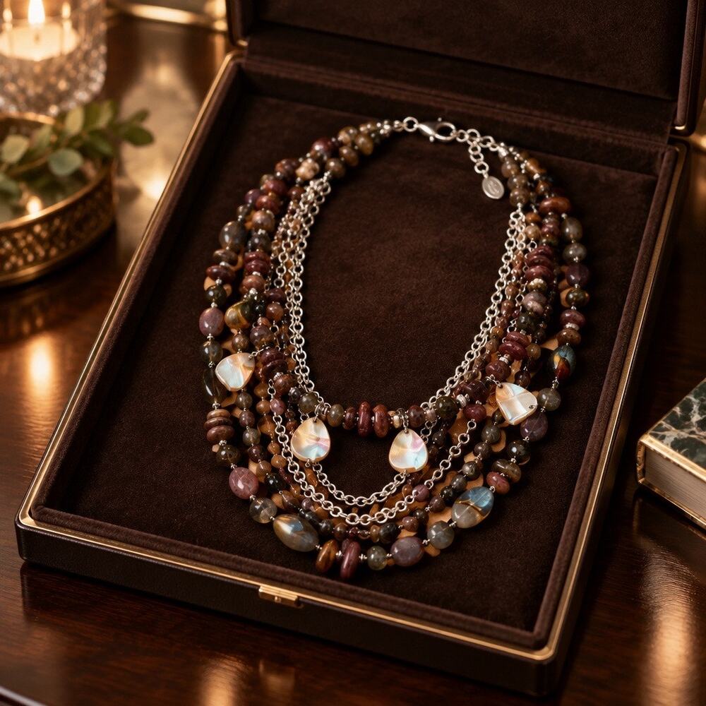 Vintage New Premier Designs Multi-Strand Black and Silver Stone Necklace